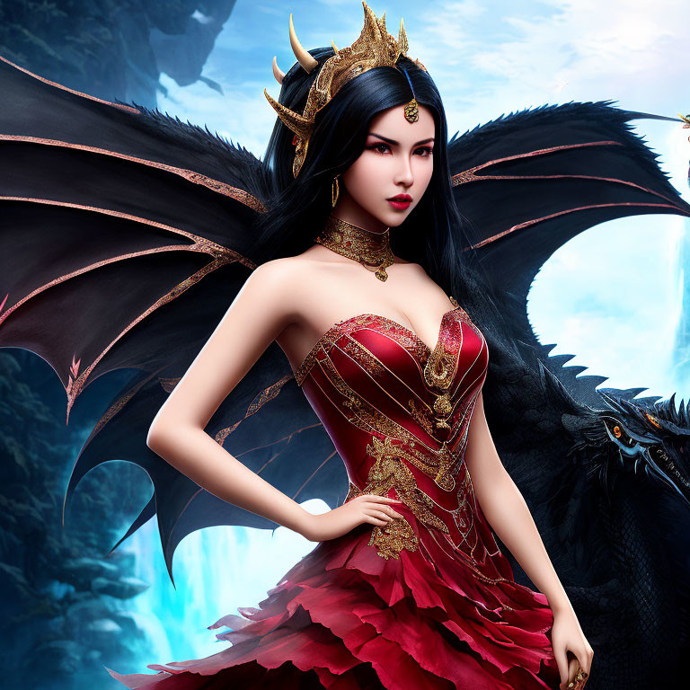 Digital artwork of woman with crown, red & gold outfit, facing dragon with open wings in mythical scene