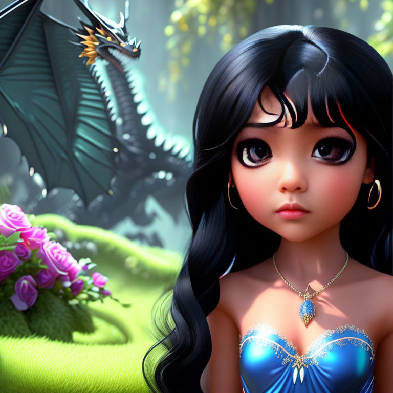 Digital illustration of young girl with expressive eyes in blue dress, accompanied by dragon and lush greenery.