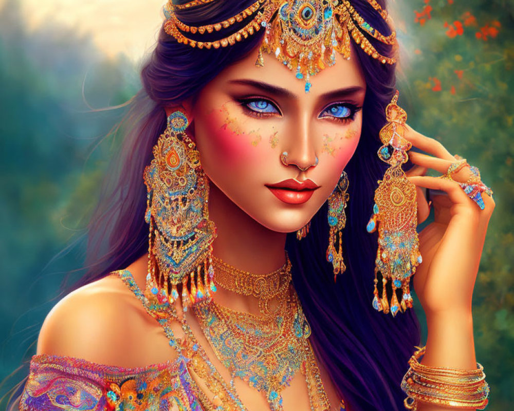 Woman with Striking Blue Eyes and Gold Jewelry in Digital Art