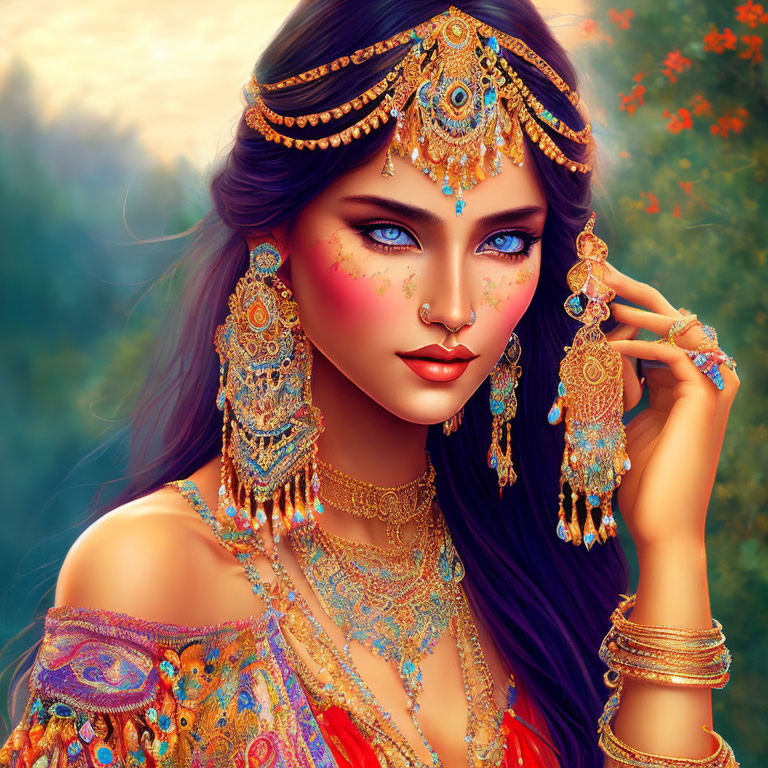 Woman with Striking Blue Eyes and Gold Jewelry in Digital Art