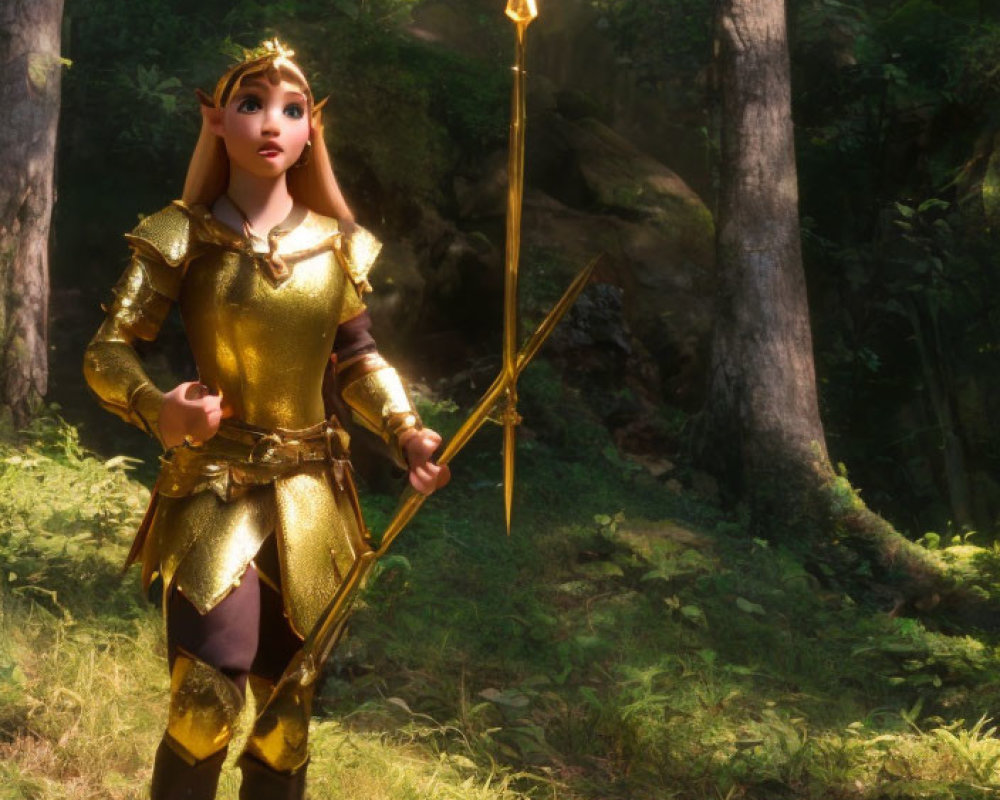 Golden-armored female warrior with spear in forest under sunlight