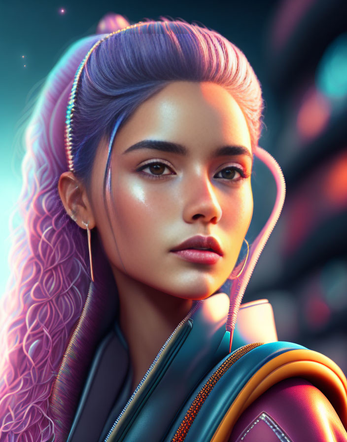 Young woman with purple hair in futuristic digital portrait