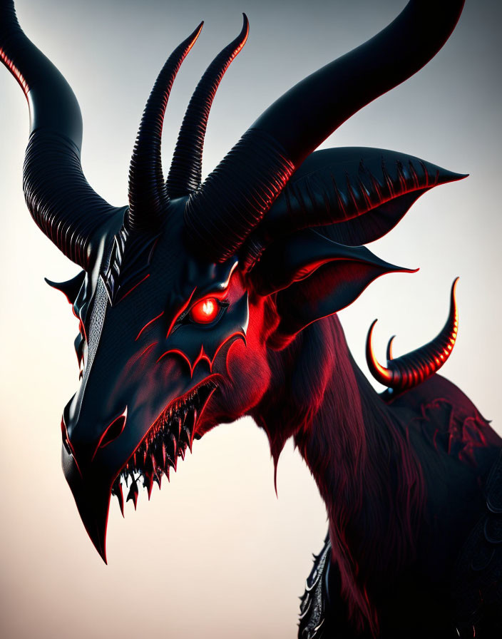 Digital illustration of menacing black mythical creature with curved horns and glowing red eyes.