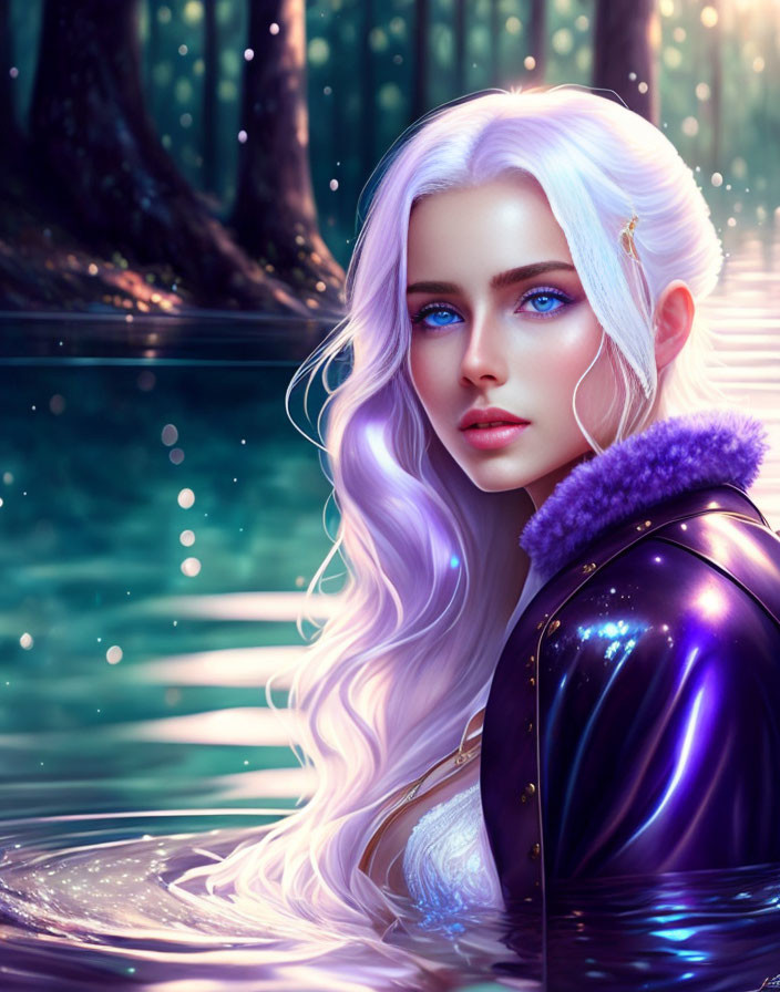Digital artwork: Woman with blue eyes, white hair, purple jacket emerges from forest waters