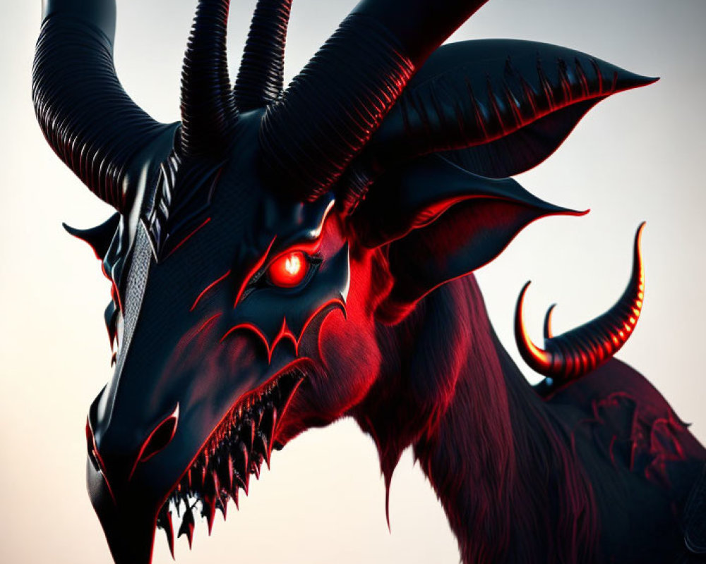 Digital illustration of menacing black mythical creature with curved horns and glowing red eyes.