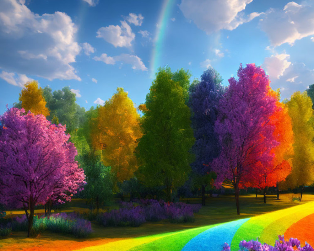 Colorful Park with Rainbow, Vibrant Trees, Blue Sky, and Sun Rays