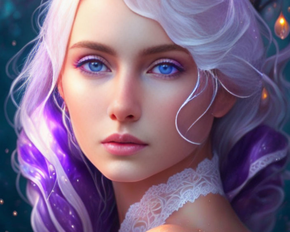 Digital artwork featuring woman with blue eyes, white and purple hair, lace attire, bokeh background