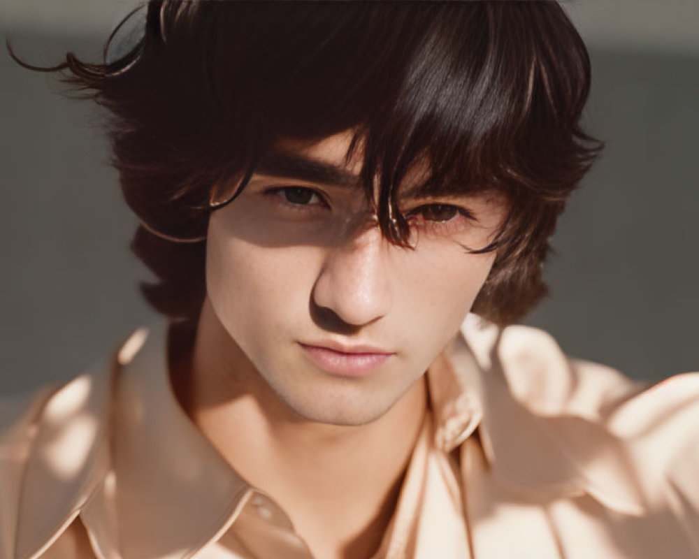 Intense young man with tousled dark hair in sunlight.