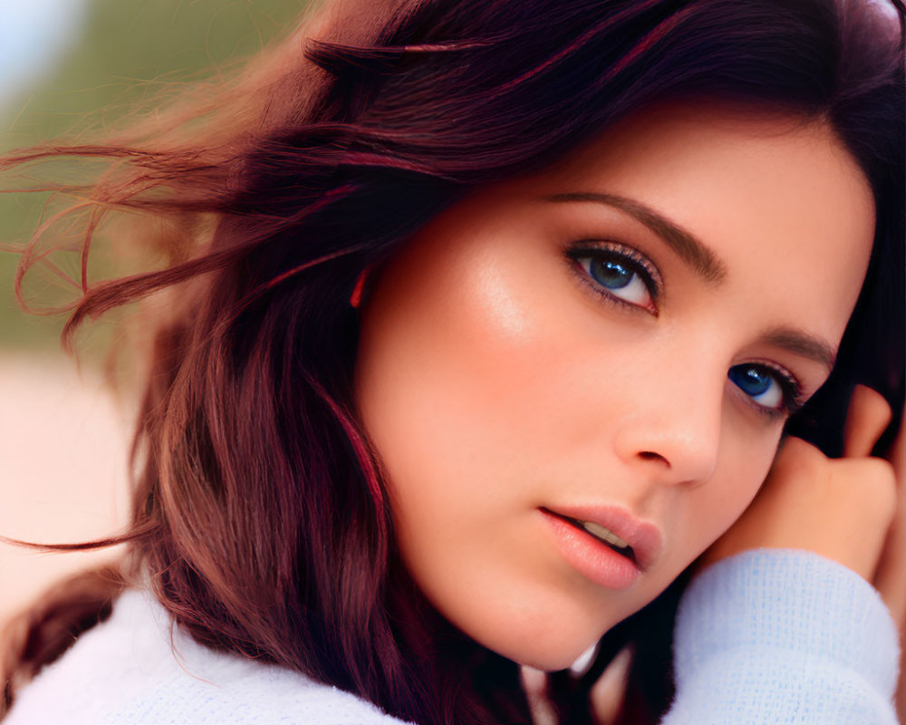 Woman with Dark Hair and Blue Eyes in Blue Sweater and Light Makeup Close-Up