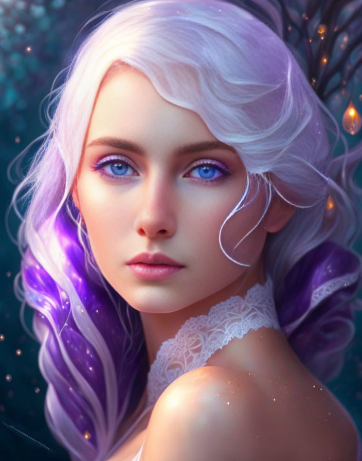 Digital artwork featuring woman with blue eyes, white and purple hair, lace attire, bokeh background