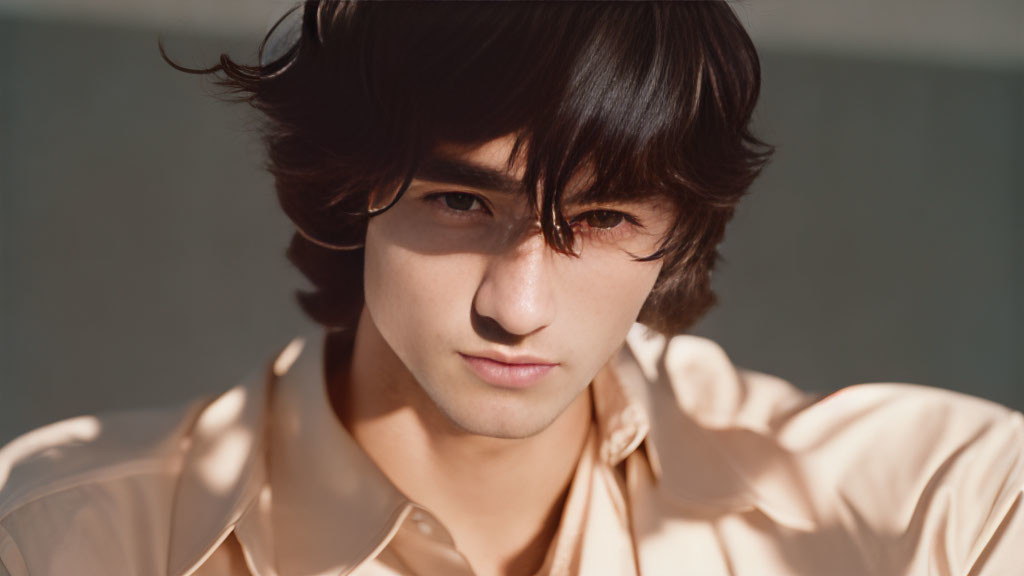 Intense young man with tousled dark hair in sunlight.
