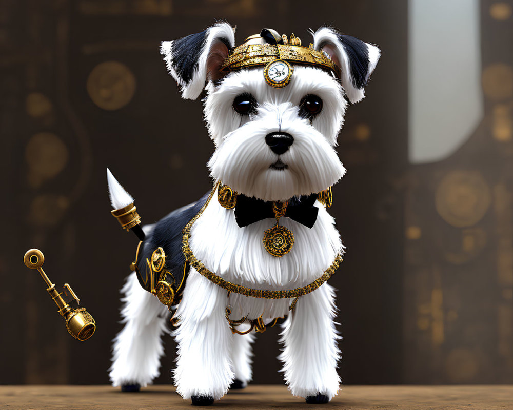 Regal animated dog in steampunk attire with goggles and key