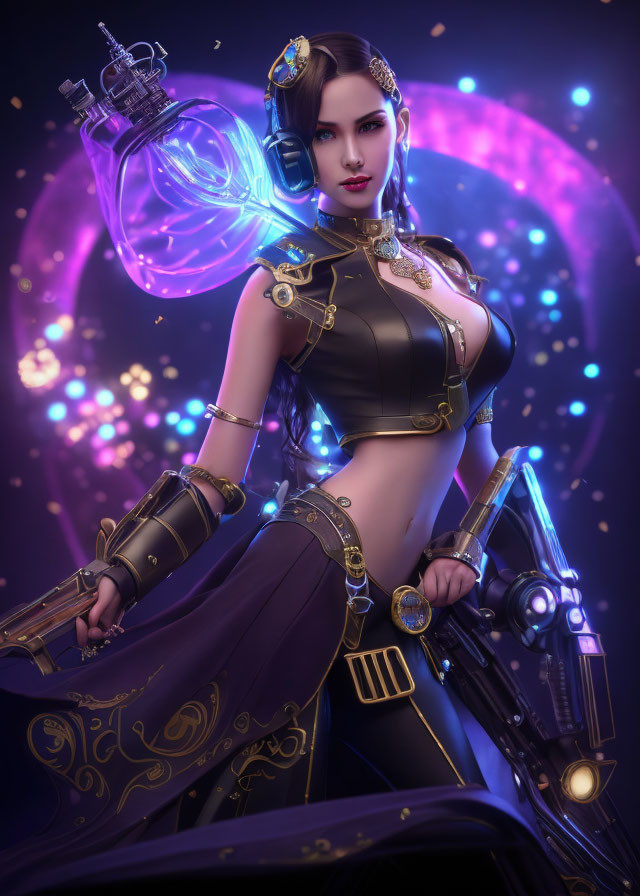 Futuristic female character in sleek armor with glowing bottle and gun on purple starry backdrop