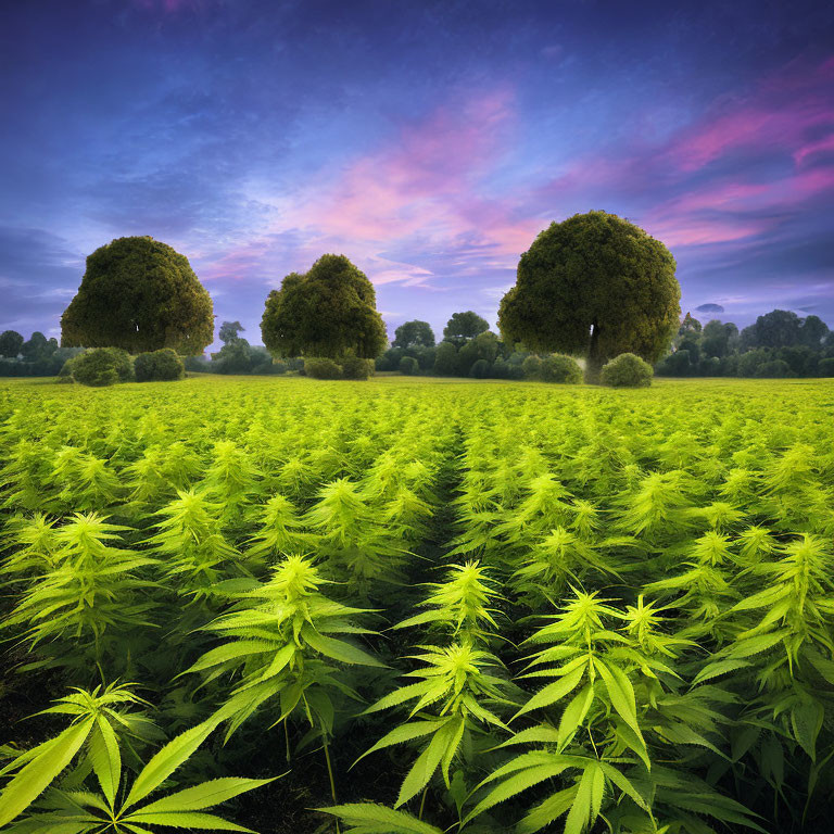 Lush cannabis field at dusk with row of crops and colorful twilight sky