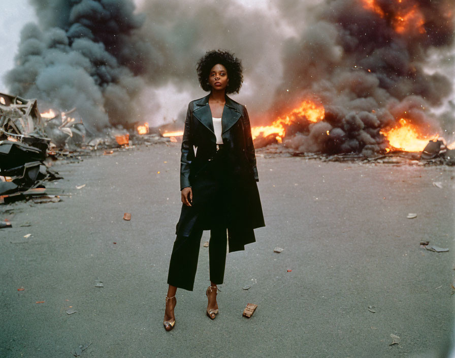 Confident woman in black coat with fiery explosion background