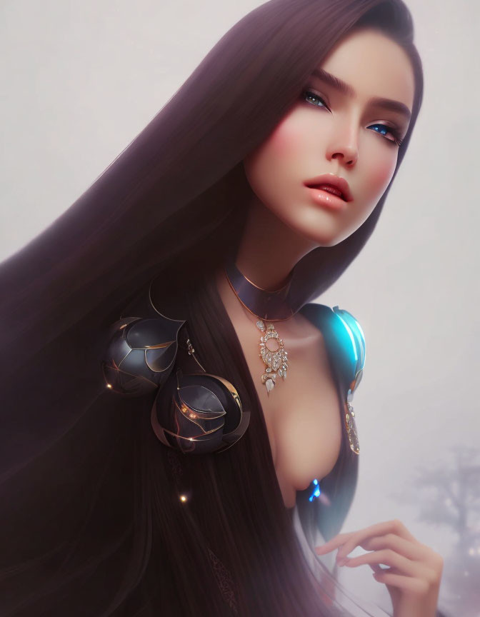 Futuristic digital art: Woman with long dark hair and glowing blue jewelry
