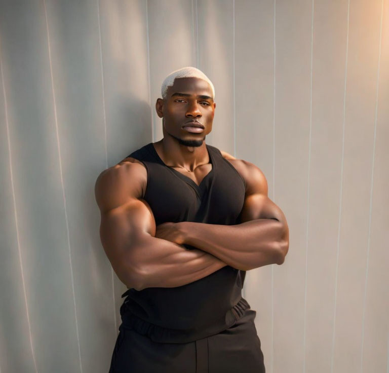 Muscular Man in Black Sleeveless Top Standing Against Ribbed Background
