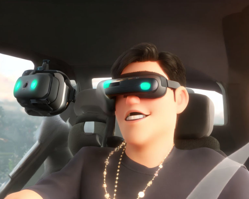Smiling animated character in vehicle with visor and headset