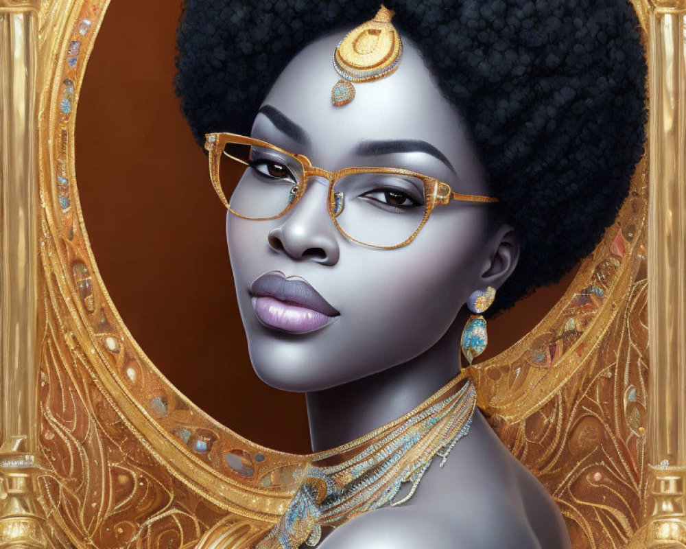 Digital artwork featuring woman with afro and gold jewelry in ornate frame