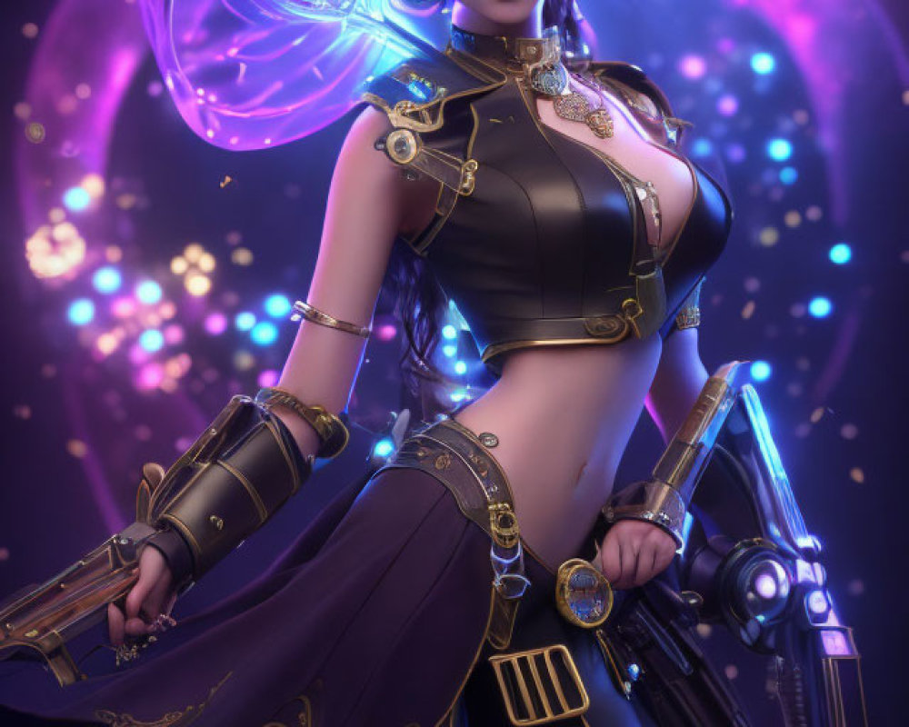 Futuristic female character in sleek armor with glowing bottle and gun on purple starry backdrop