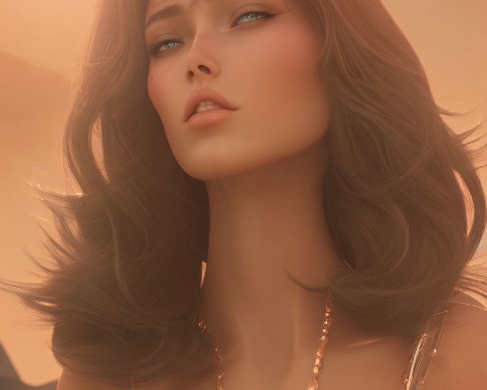 Digital artwork: Woman with flowing brown hair and soft facial features on warm, hazy background