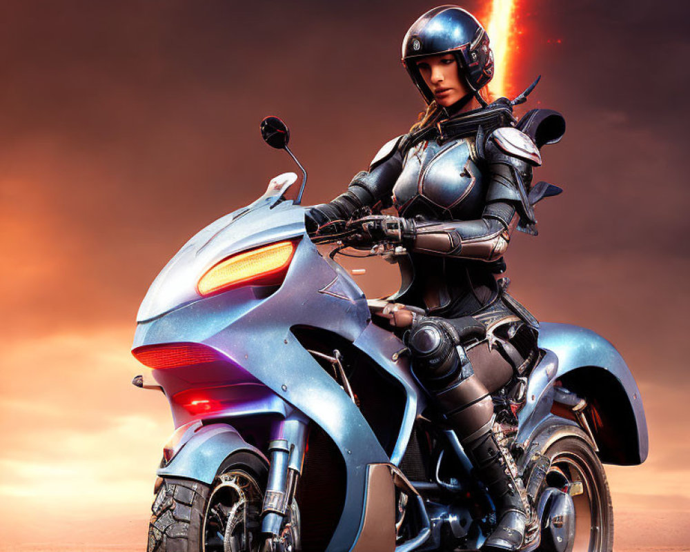 Futuristic warrior on motorcycle under dramatic sky