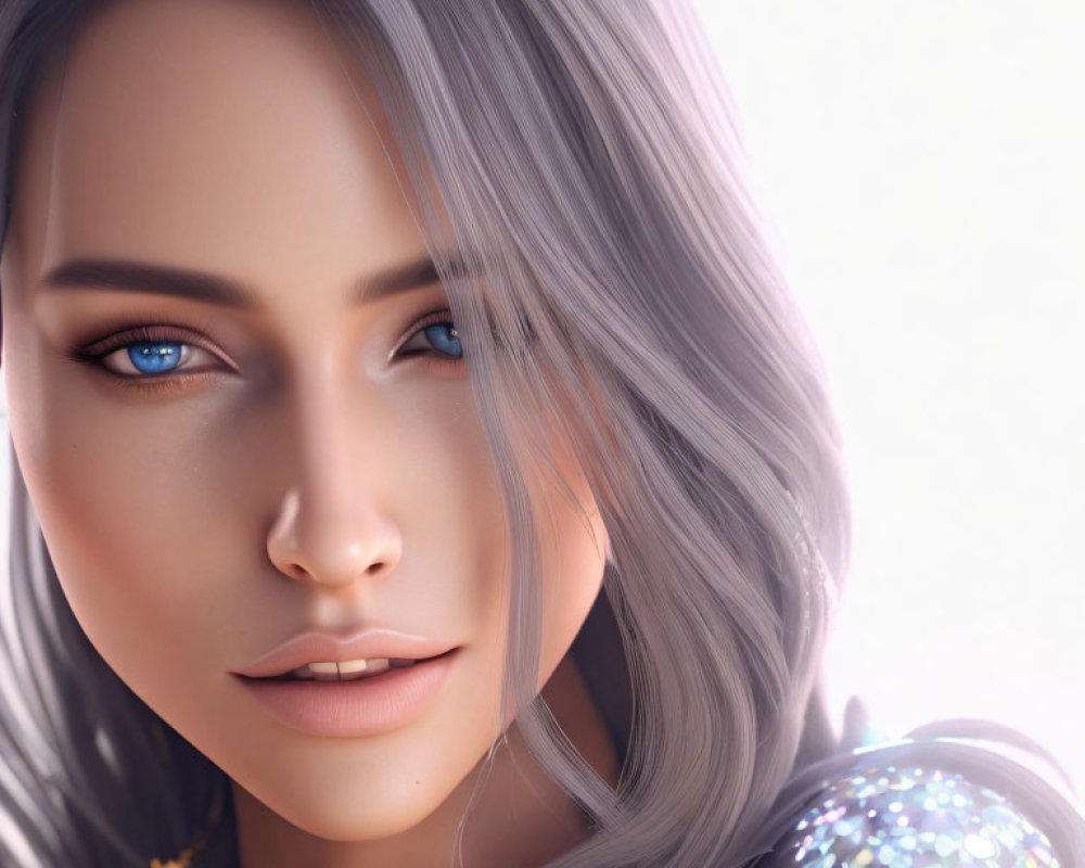 3D-rendered female with silver hair and blue eyes wearing glittery top