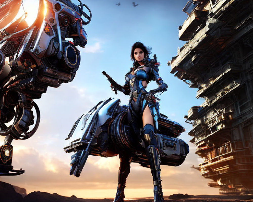 Female Warrior in Futuristic Armor with Mechanical Steed in Sci-Fi Cityscape
