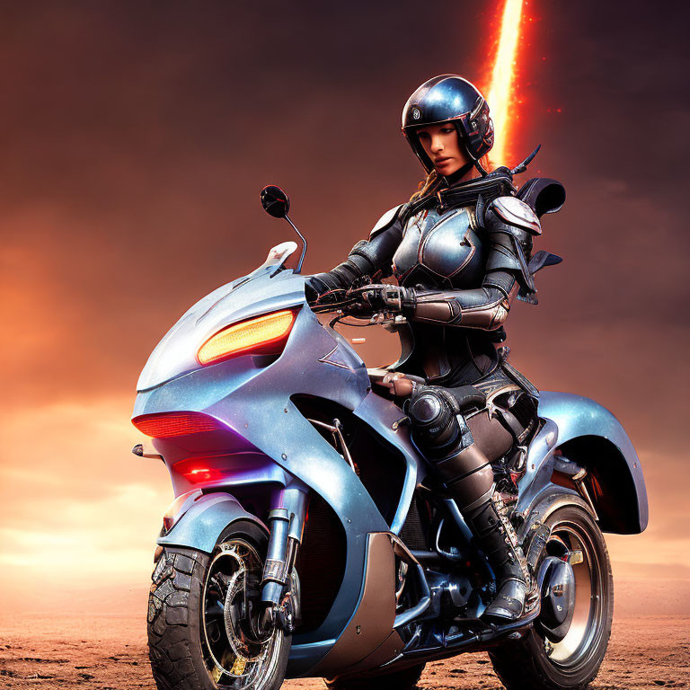 Futuristic warrior on motorcycle under dramatic sky