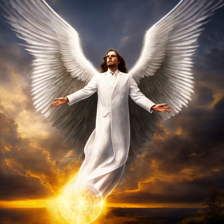 Figure with angelic wings in dramatic sky holding glowing orb