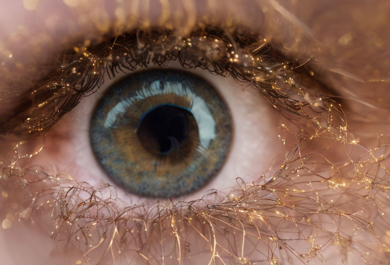 Detailed Close-Up of Blue Iris Eye with Glittery Eyelashes