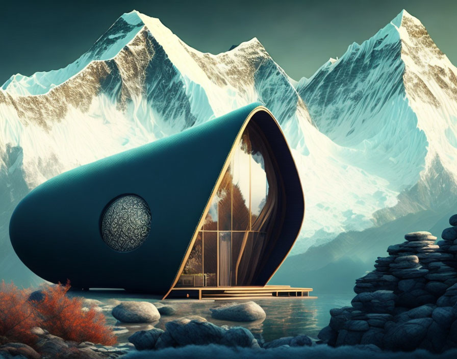 Futuristic pod-shaped building overlooking tranquil lake and snowy mountains