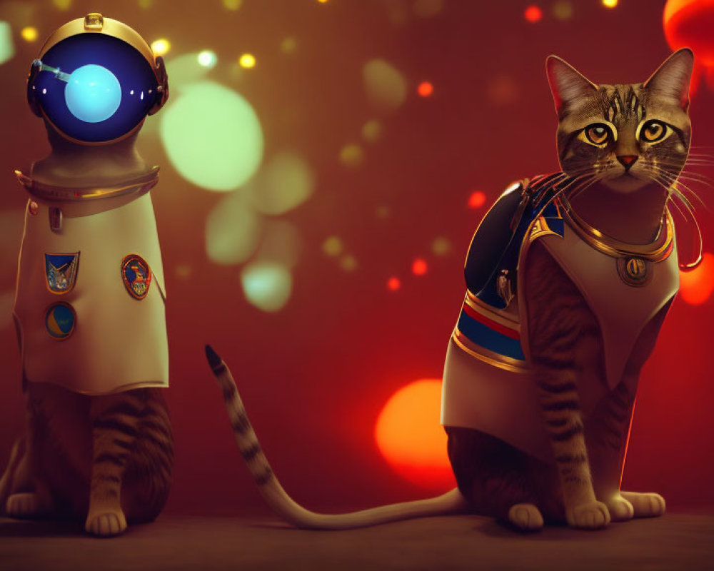 Cat and robot in uniform with badges against glowing lights