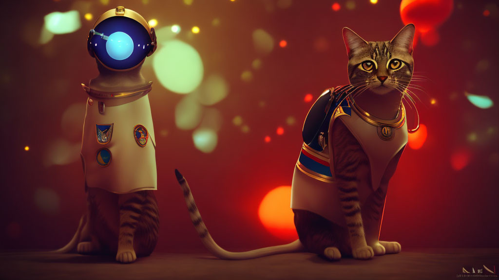 Cat and robot in uniform with badges against glowing lights
