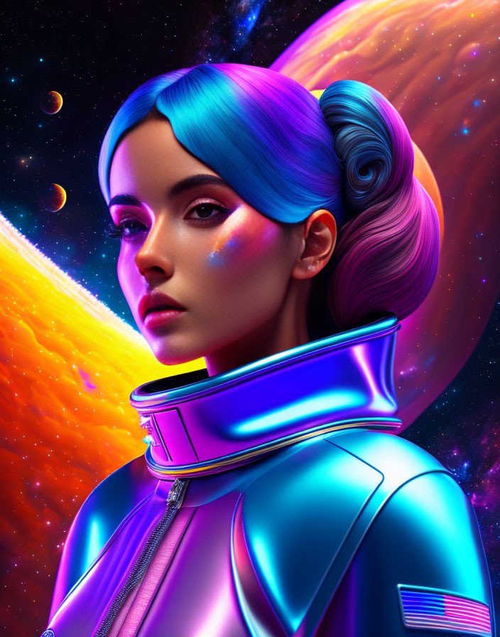 Futuristic woman with blue and purple hair in glossy spacesuit and cosmic backdrop
