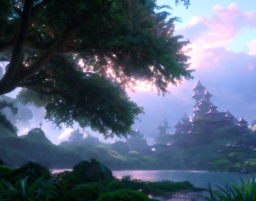 Ethereal fantasy landscape with ancient buildings and lush trees