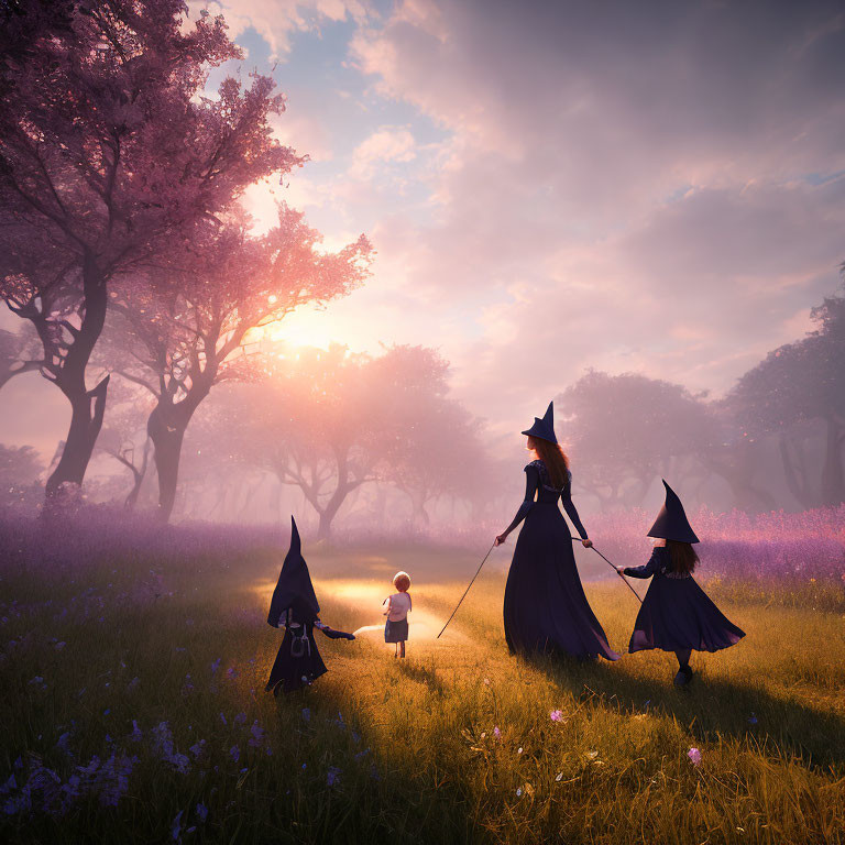 Three witches in mystical forest at sunset with purple flowers and pink trees