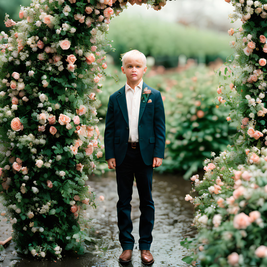 Young boy in suit between blooming arches with pink roses
