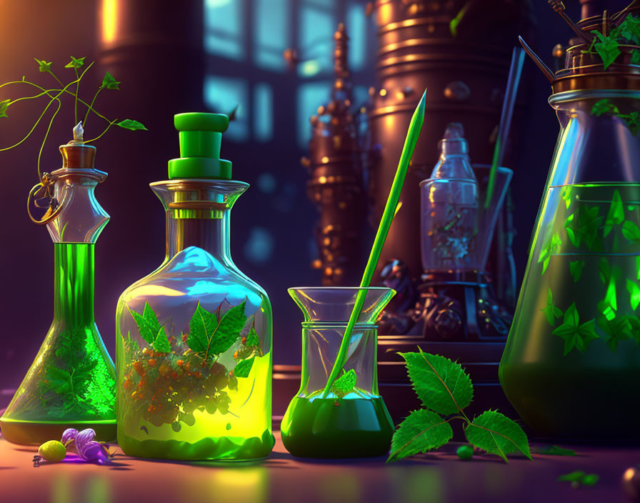 Glowing potions in glassware amid leaves and vines in fantasy alchemy lab