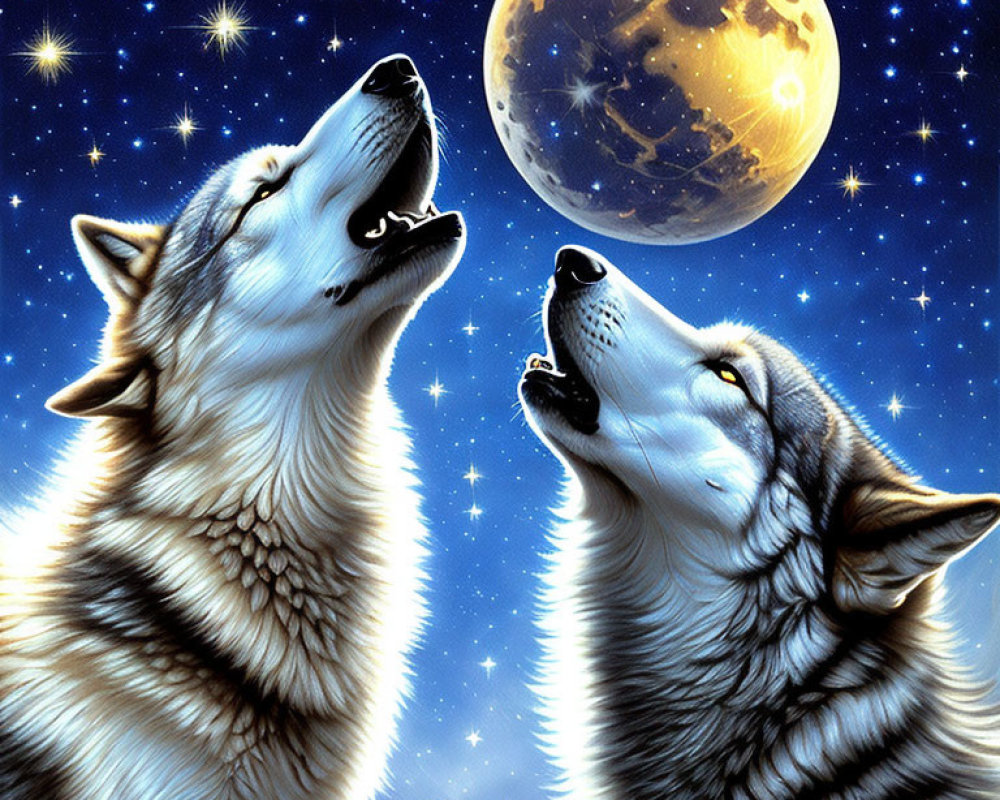 Two wolves howling at full moon in starry night sky