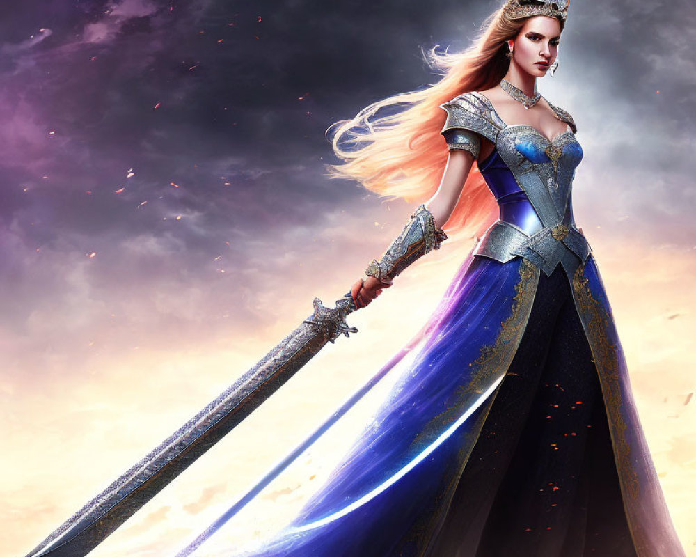Regal woman in ornate crown and blue medieval dress with large sword under dramatic purple sky