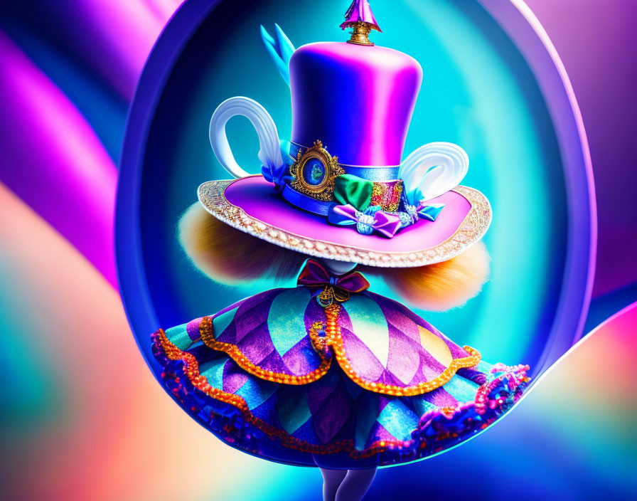 Vibrant digital artwork with whimsical hat, teacup, and eclectic elements