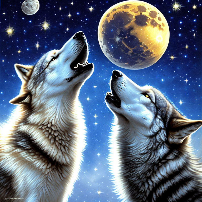 Two wolves howling at full moon in starry night sky