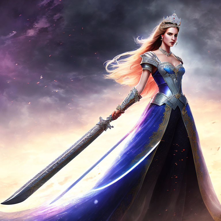 Regal woman in ornate crown and blue medieval dress with large sword under dramatic purple sky