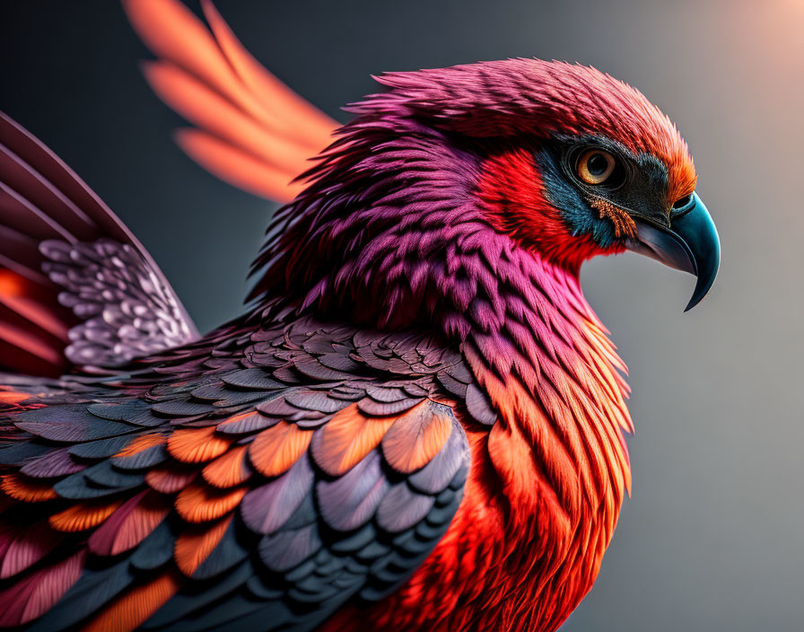 Colorful digital artwork: Phoenix with red and orange plumage, blue beak