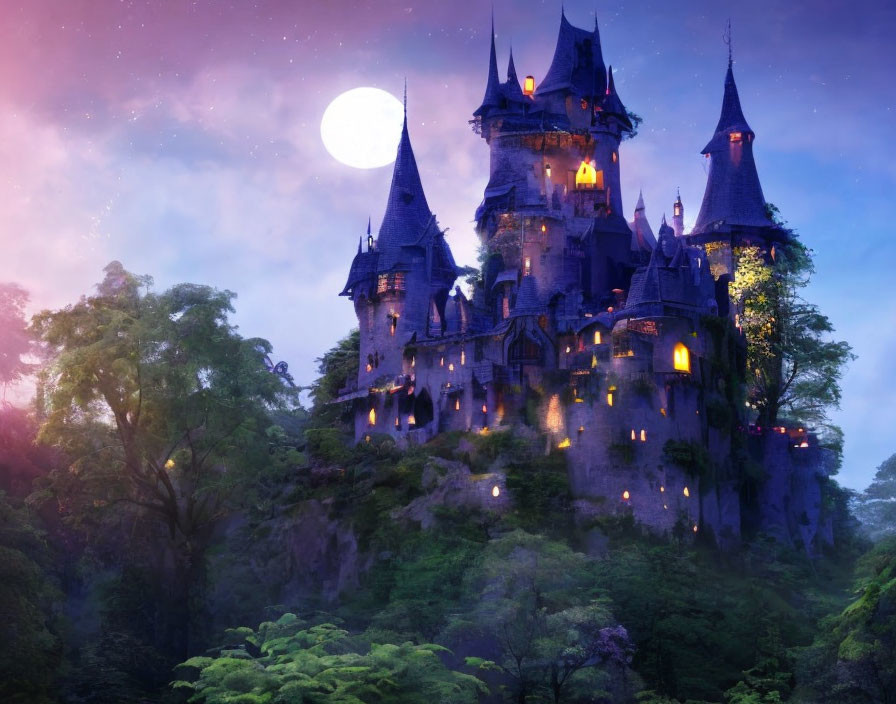 Castle on Rocky Hill: Twilight Scene with Illuminated Windows