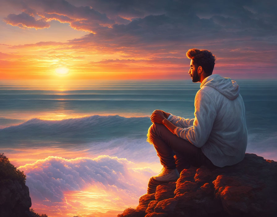 Person sitting on cliff edge at sunset with vibrant orange sky, undulating sea, and softly lit clouds