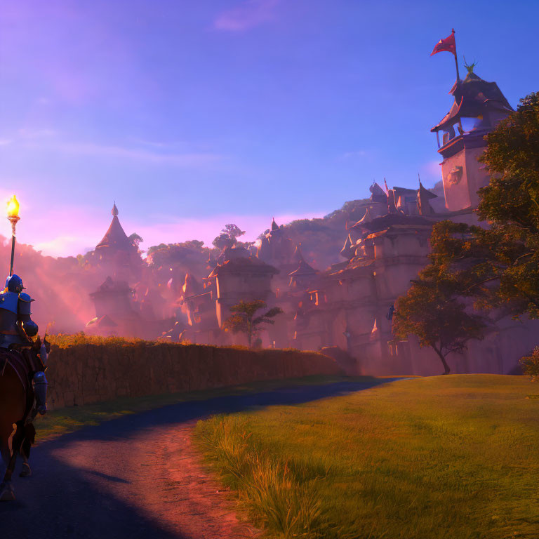 Knight on horseback near majestic castle at sunrise