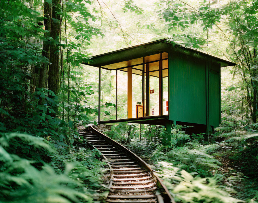 Green Cabin on Rails in Lush Forest with Sunlight Filtering