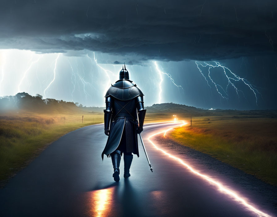 Knight in Full Armor Walking on Winding Road in Stormy Sky